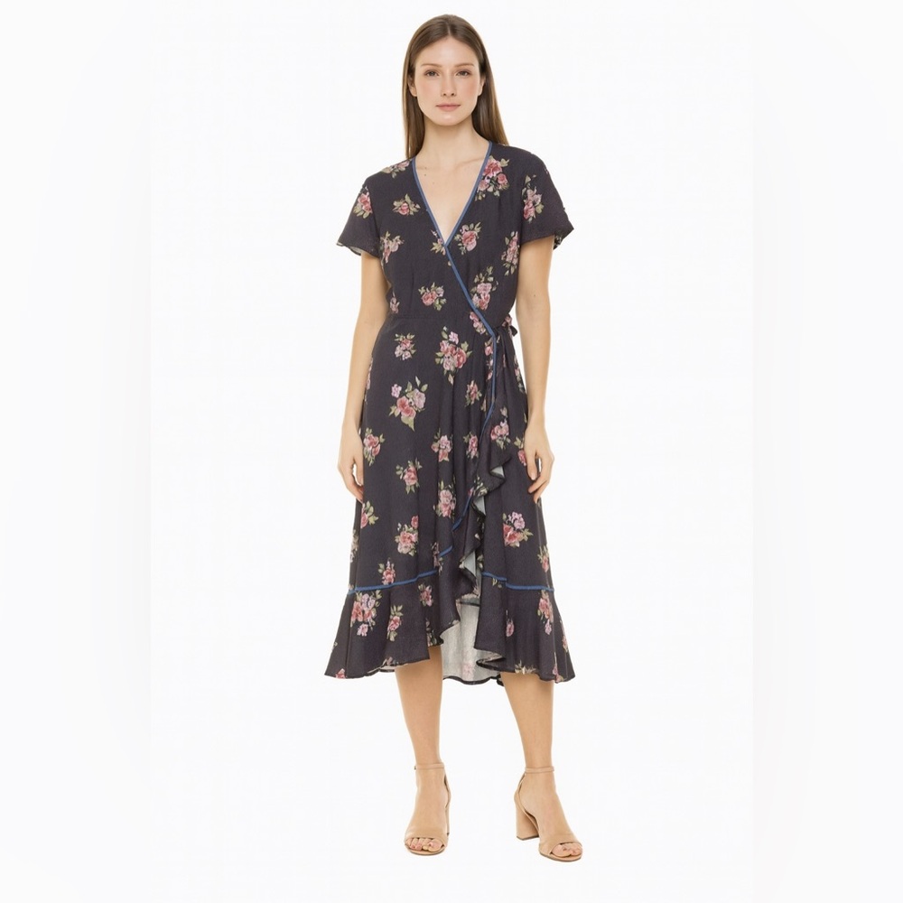 NWT LAIA Anthropologie Fabi Floral Wrap Midi Dress Flowy Ruffle V Neck SMALL